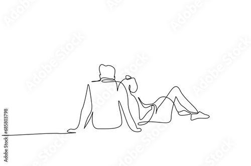 loving couple sitting together outside in the park in nature back behind rear view one line art design