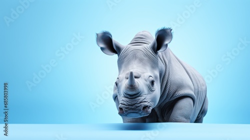  a white rhinoceros standing in front of a blue background The rhino is in the center of the image, with the blue background providing a stark contrast to its white