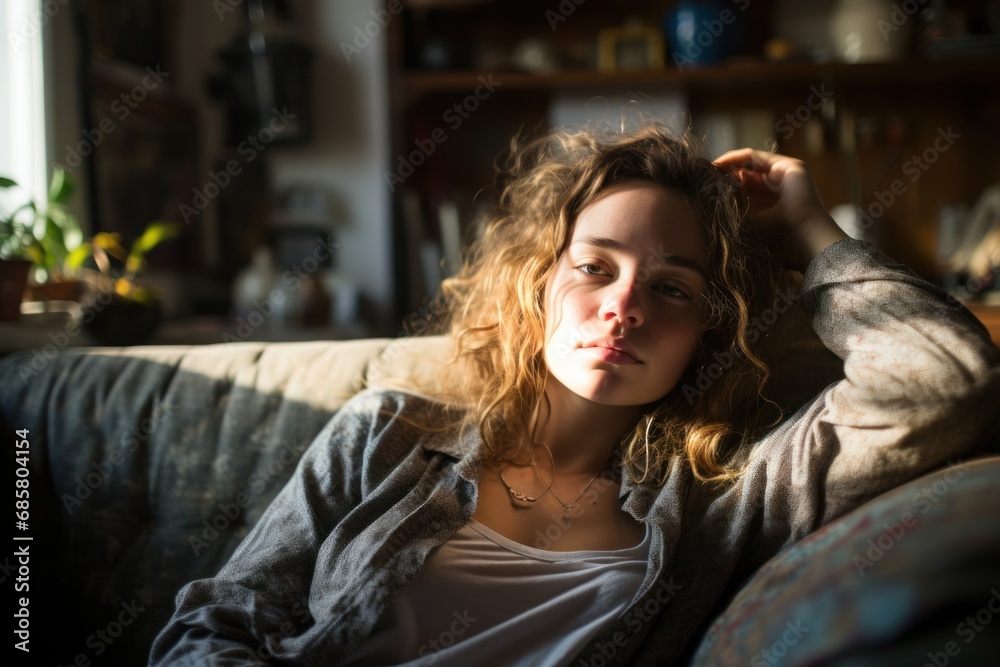 Young woman lying on couch and thinking about something at home, Young woman lying on couch and thinking about something at home,