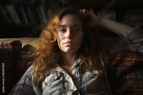 Young woman lying on couch and thinking about something at home, © sirisakboakaew