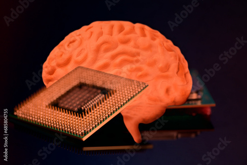 Human brain anatomical model with CPU processor microchip photo