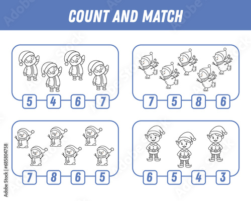 Education game for children count and match of winter elements, printable worksheet. Xmas. Coloring. Vector