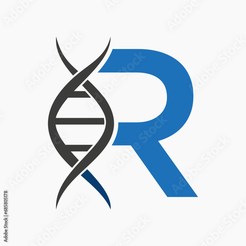 Dna Logo On Letter R, Genetics Logotype, Medicine Symbol