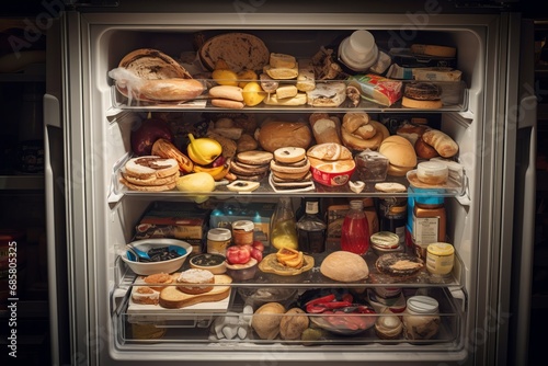 A fridge packed with unhealthy junk food, portraying the concept of poor eating habits, diet deviation, and obesity risk.