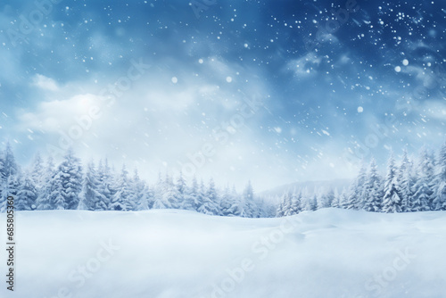 Winter landscape with snowy fir trees and falling snow. Christmas background. © ebhanu