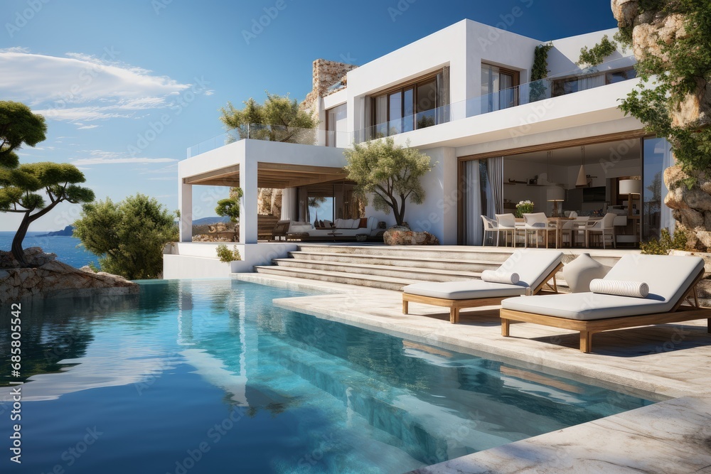 Fototapeta premium Beautiful landscape with swimming pool terrace on summer hotel resort. Luxury modern vacation home with a swimming pool. Sunbeds, relaxing vacation Mediterranean