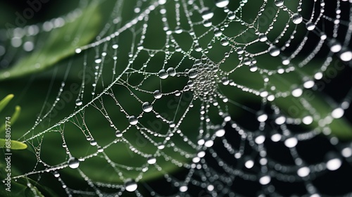  a close up of a spider web on a leaf with drops of water on the spider web, with a green leaf to the side of the image in the background.