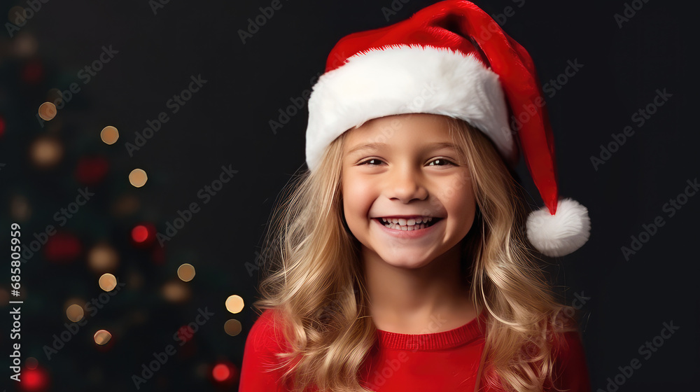 Cute smiling european girl wearing santa hat dark red background copy space Cute smiling european girl wearing santa hat dark red background copy space