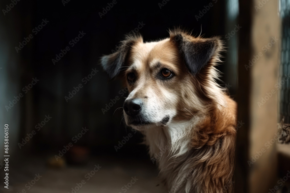 Portrait of an lonely dog in a shelter