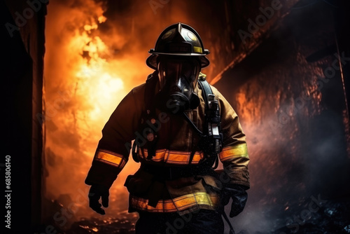 firefighter wearing in a fireman s suit and helmet leaving a burning building. Dark background with smoke