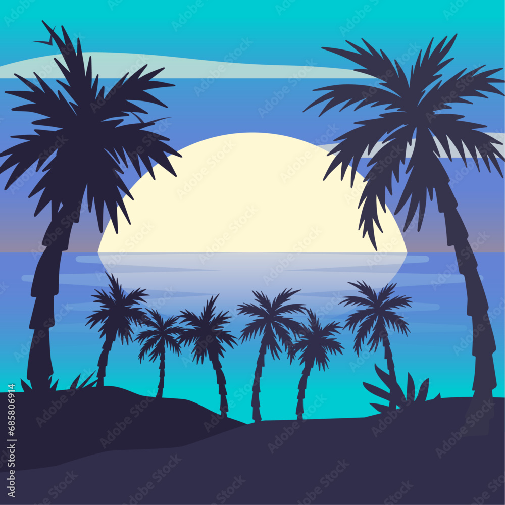 flat design summer beach sunset landscape background
