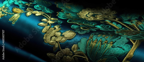 Rich blue and emerald velvet background with gold embroidery, made with Generative AI
