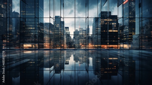 A perfectly aligned grid of glass windows reflecting the surrounding cityscape