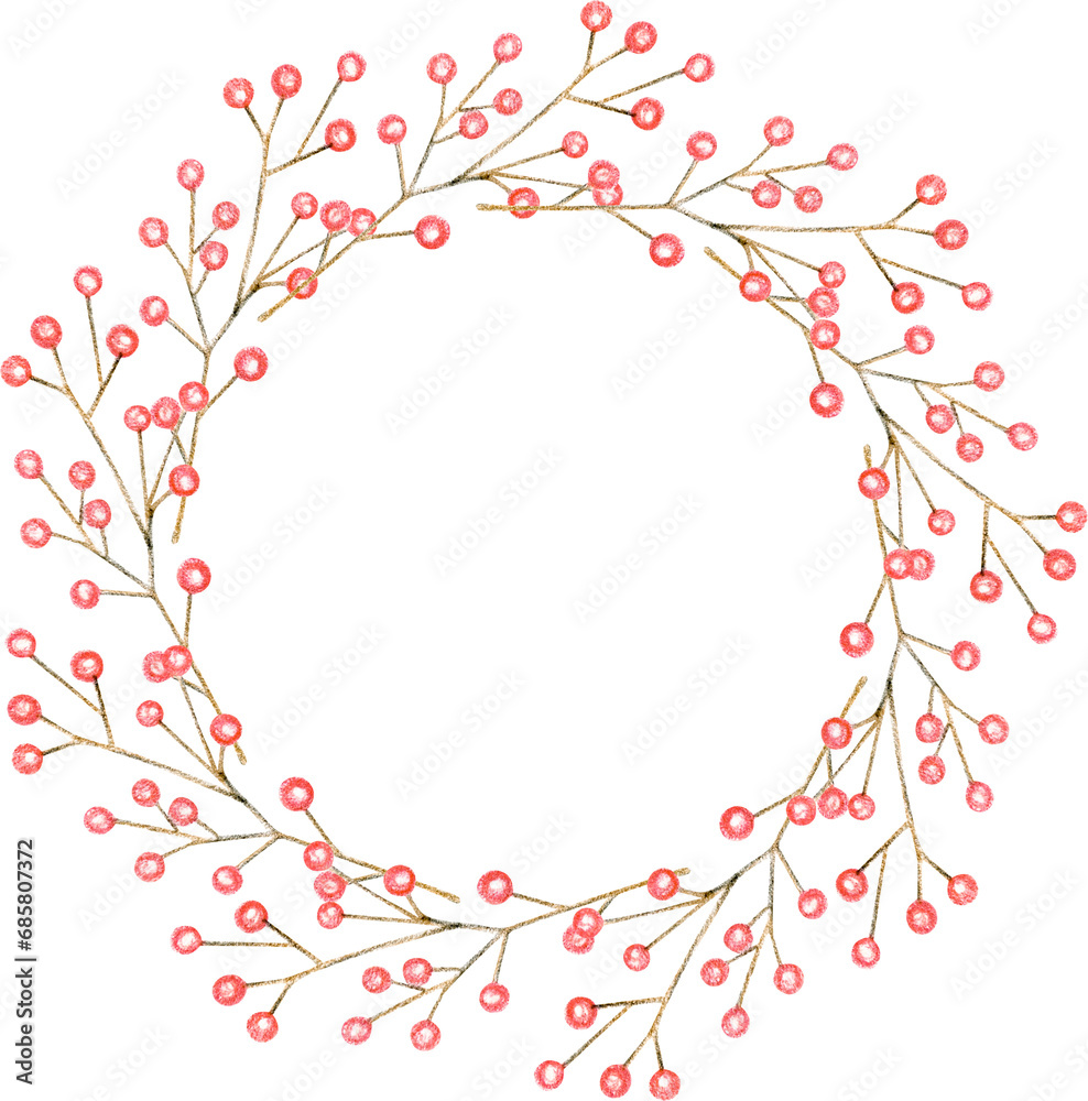 Wreath of Christmas Branches. Colored Pensils illustration New Years Decoration