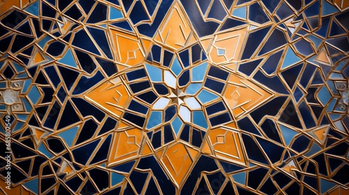 A close-up of a beautiful Islamic geometric tile mosaic with intricate patterns