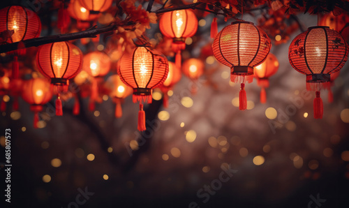 Traditional chinese red lanterns glowing against a dark background. Chinese lunar new year