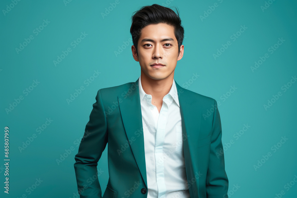 Asian Male Beauty on a Calm Aqua Background Asian Male Beauty on a Calm Aqua Background