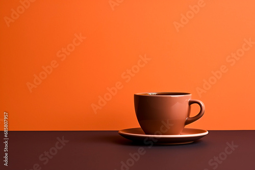 cup of coffee on a table isolated on an orange background with copy space