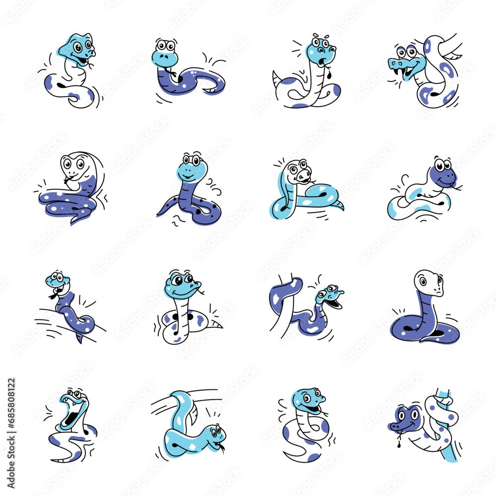 Fototapeta premium Set of Poisonous Snakes Hand Drawn Icons