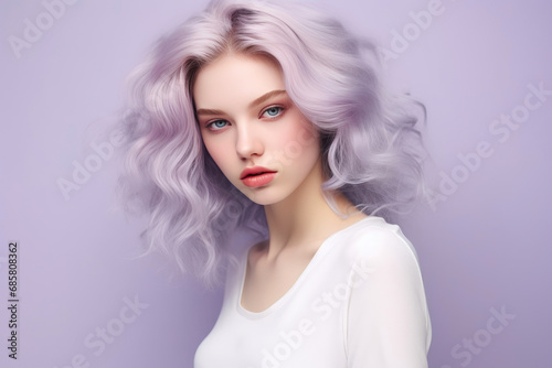 Radiant Lady Poses on a Pale Purple Canvas