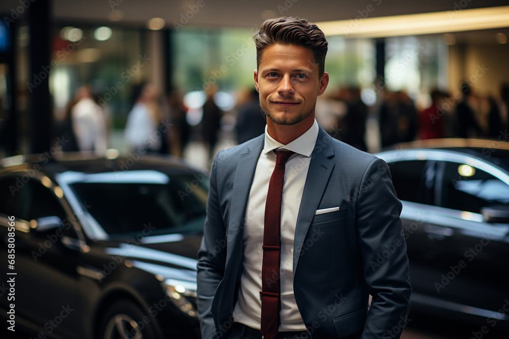 Stylish man in suit by luxury cars at showroom