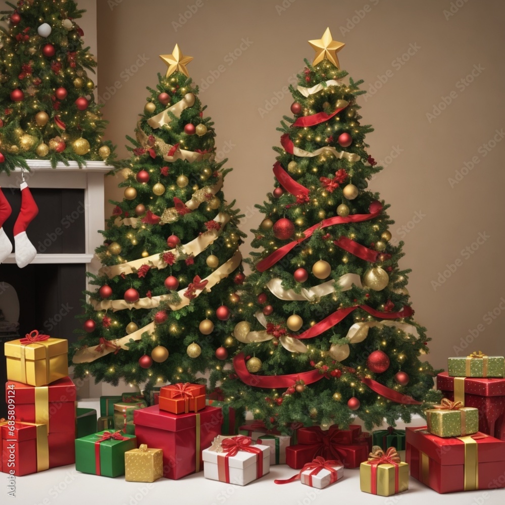 christmas tree and decorations, christmas wreath with ribbon, merry christmas card, christmas tree with gifts and decorations, christmas tree with presents