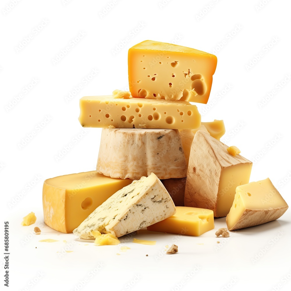 A stack of cheese slices. Cheese on the white background, isolated. Dairy. Cheer of cheese. Swiss cheese. Yummy snack. Healthy milk food. Gourmet meal. Cheese factory. Creamery. Cheese block