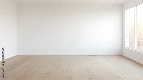 A photograph of a white room with empty space, not filled with furniture, is framed by natural ligh photo