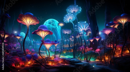 A surreal garden of neon flowers, their vibrant colors and bioluminescence creating an otherworldly scene © Sajawal