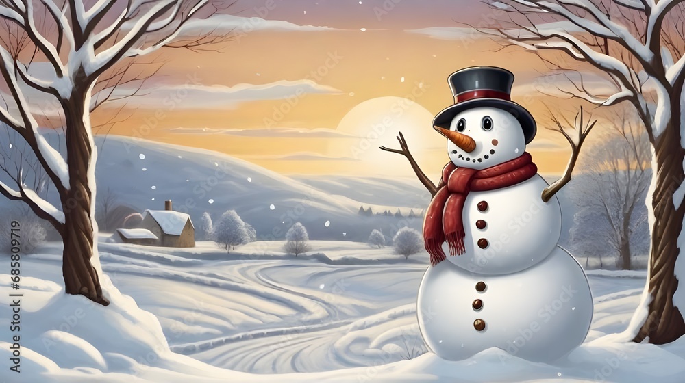 Obraz premium Snowman standing majestically. Winter background landscape with snow. Generative AI