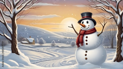 Snowman standing majestically. Winter background landscape with snow. Generative AI © Carlos