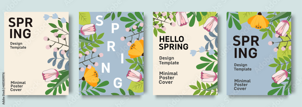 Set of posters designs on the subject of nature, spring, beauty, fashion, natural.  Spring background, cover, sale banner, flyer design. Template for advertising, web, social media.