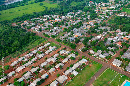 Aerial view of a small village in the Brazilian jungle.