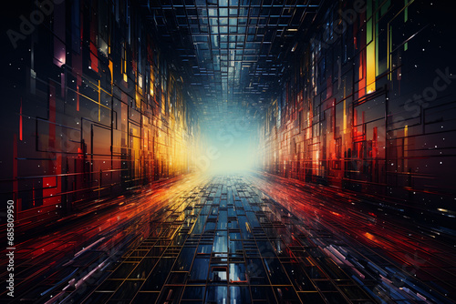 Futuristic cityscape with glowing horizon and reflective surfaces photo