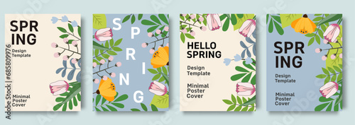 Set of posters designs on the subject of nature, spring, beauty, fashion, natural. Spring background, cover, sale banner, flyer design. Template for advertising, web, social media.