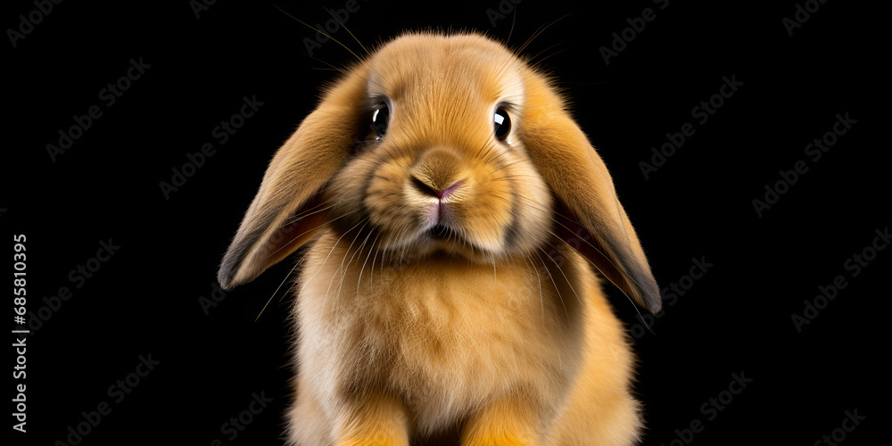 Pretty little lop-eared rabbit, isolated over black A rabbit in front of a black background and black eyes lovely feeling expecting good to see their hare friends romantic mood.AI generative