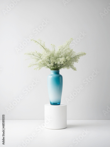 elegante e moderno vaso in vetro colorato con semplici fiori su colonna bianca, sfondo parete bianca