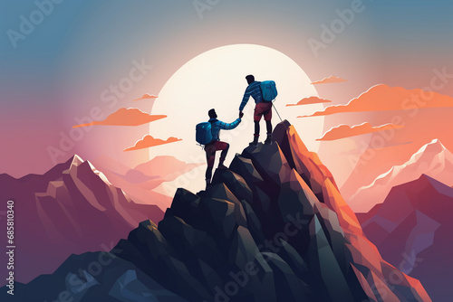Two hikers at mountain peak during sunset