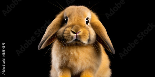 Pretty little lop-eared rabbit, isolated over black A rabbit in front of a black background and black eyes lovely feeling expecting good to see their hare friends romantic mood.AI generative