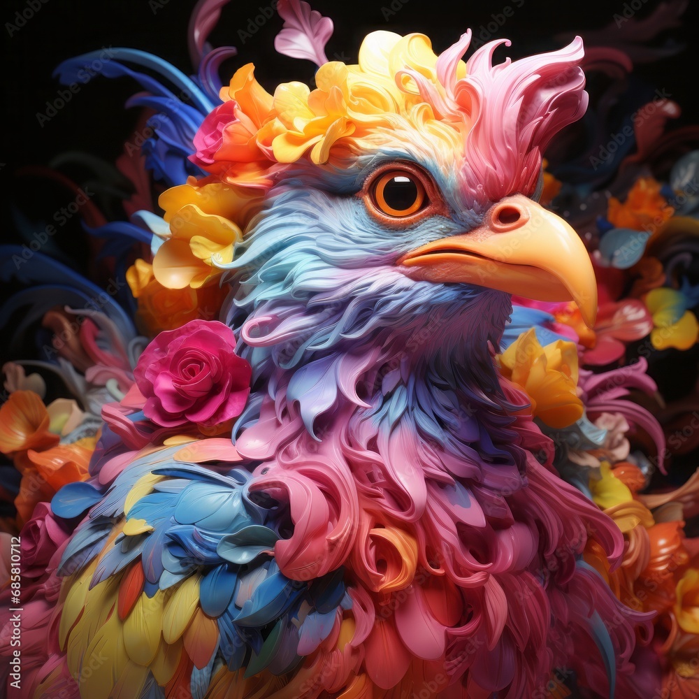 Belligerent rooster portrait head on black background. Pastel colored rooster.