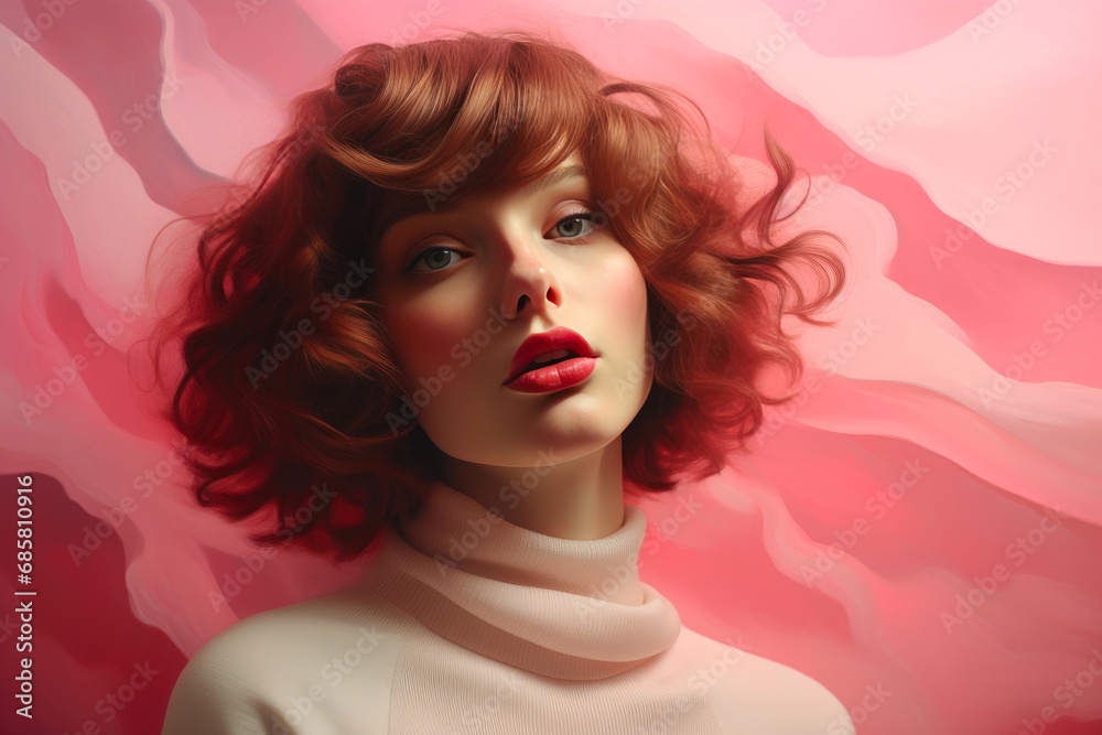 Elegant Woman Posing in Stylish Sweater on Vibrant Pink Canvas Elegant Woman Posing in Stylish Sweater on Vibrant Pink Canvas