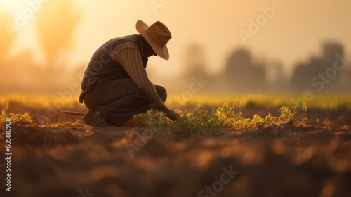 A farmer is tending to his crops in a foggy morning field, wearing a cowboy hat.