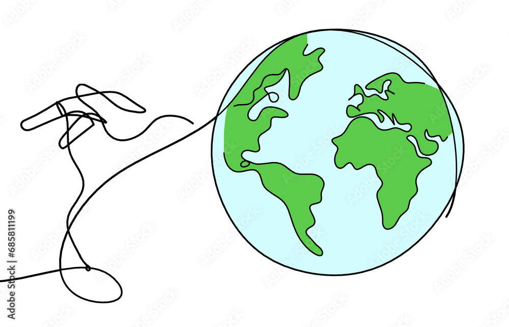 Abstract color planet Earth with hand as line drawing on white Abstract color planet Earth with hand as line drawing on white