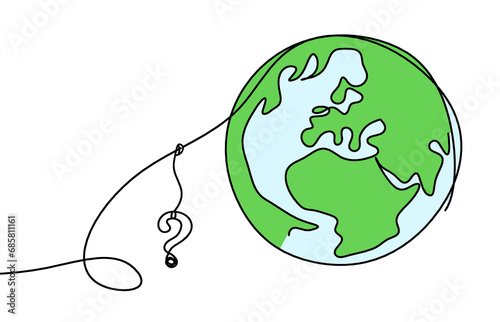 Abstract color planet Earth with question mark as line drawing on white