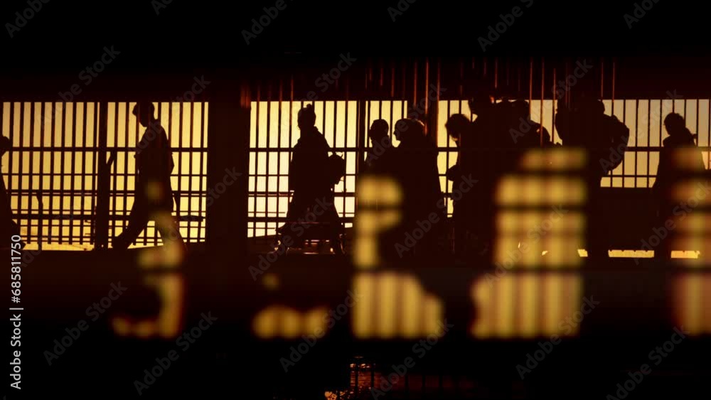 Many passengers going to vapor or airport in front of sunset