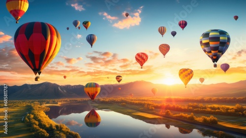 Natural scenery with hot air balloons, on top of a hill with a bright blue cloudy sky.