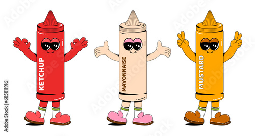Ketchup, mustard and mayonnaise character in retro cartoon style. Vector illustration of fast food sauces on a white isolated background. A set of sauces with arms, legs and a cheerful face.