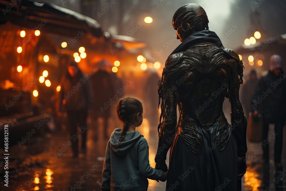 Fototapeta premium An alien creature walks with a human child.
