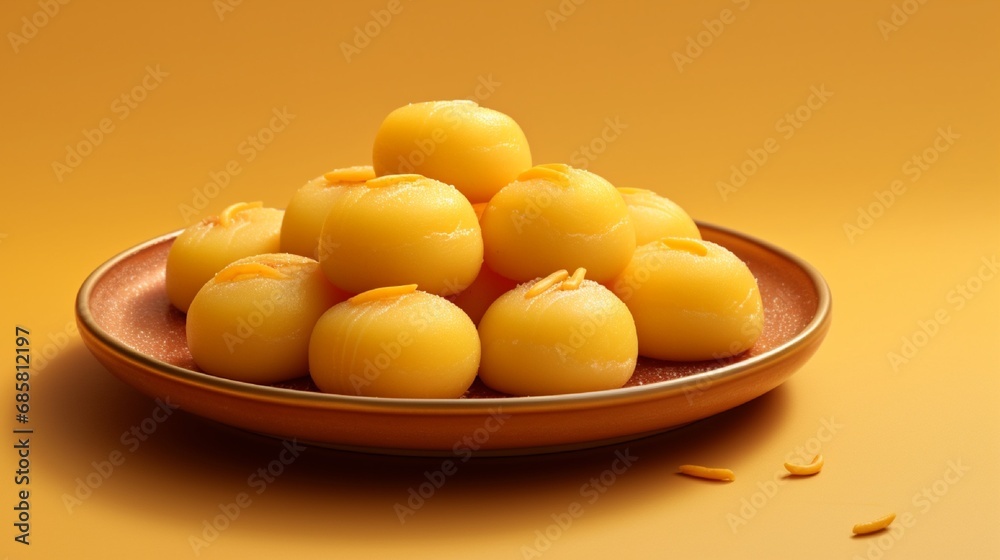 A plate of delicate Peda, with their unique shape and texture, set against a solid saffron-colored background for a traditional sweets ad. A plate of delicate Peda, with their unique shape and texture, set against a solid saffron-colored background for a traditional sweets ad.