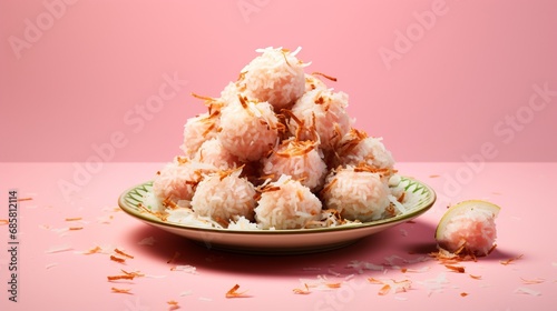 A plate of colorful Cham Cham, adorned with coconut flakes, set against a solid pastel pink background for a playful sweet ad. photo